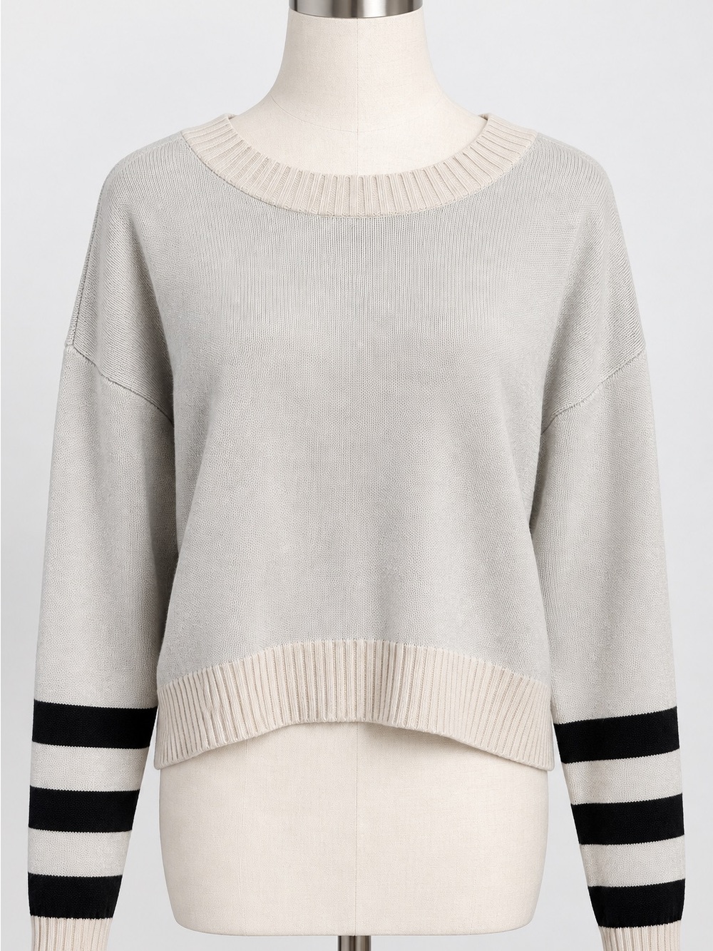 Light Gray Colorblock Crewneck Sweater with Stripe Sleeves